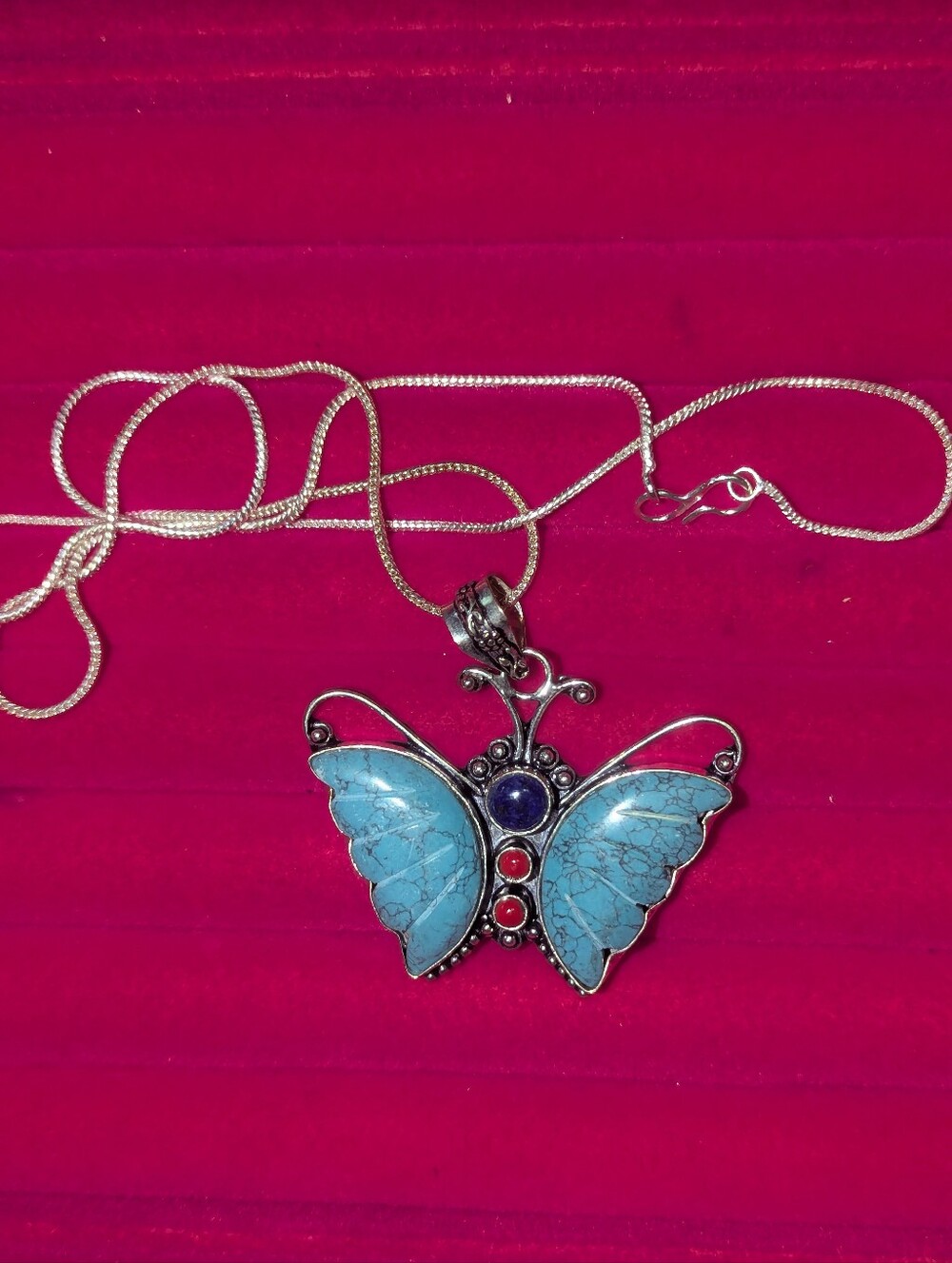Vtg Butterfly Pendant Necklace - Turquoise & Silver